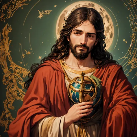 Jesus segurando um globo com lua cheia ao fundo, creation of the world, Jesus Cristo, Cyberpunk Jesus Cristo, Retrato de Jesus Cristo, Jovem Deus Todo-Poderoso, Jesus Cristo em Mass Effect, governante do mundo, Jesus, imagens sagradas, O Criador da Terra, ...