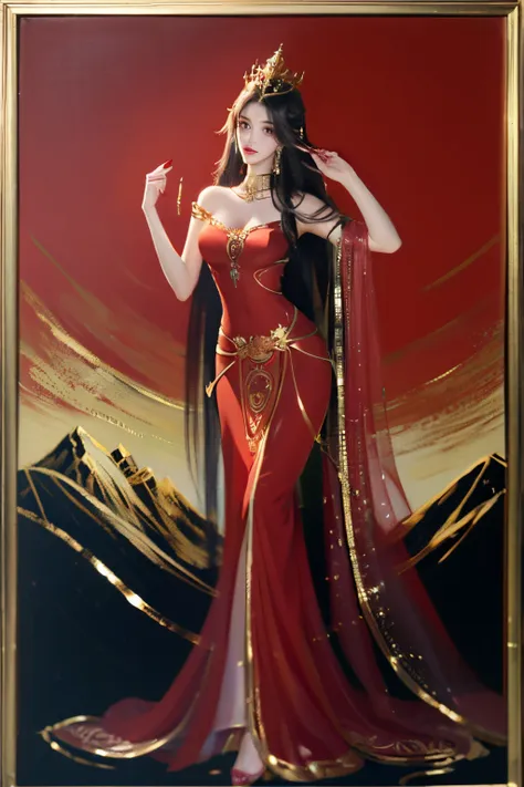 Medusa，single queen，Golden Crown Black Hair Red Dress，Sexy figure，full bust，High mountain peaks，Full body standing painting，Standing painting，full bodyesbian！！Facing the camera squarely，shy pose