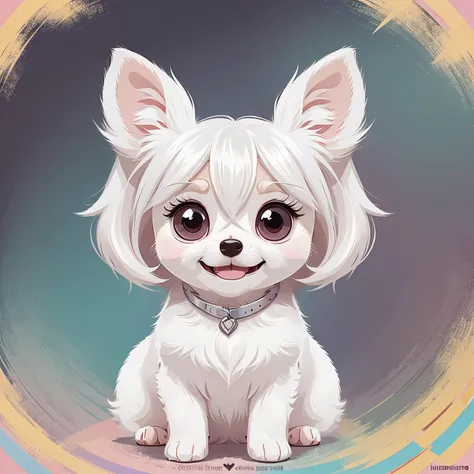 He is a cute white long haired chihuahua in vector art style on pastel background smiling with big black eyes