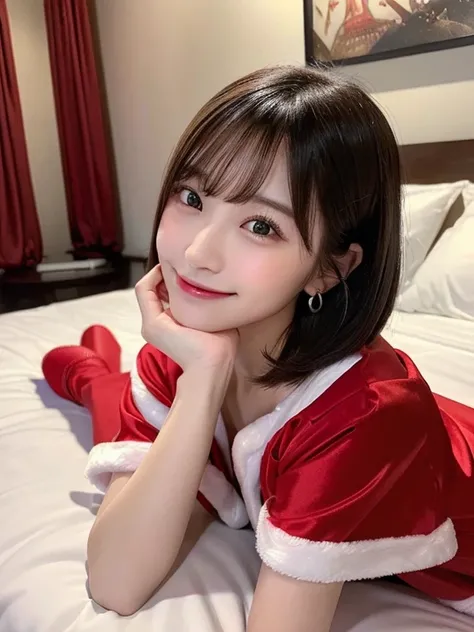 Trouble Pose, Seduction poses(The whole body is shown.))、 
on the beds、Santa Claus attire、(A hyper-realistic), (illustratio), (hight resolution), (8K), (ighly detailed), (The best illustrations), (Beautiful detailed eyes), (top-quality), (ultra-detailliert...