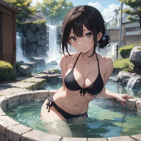 The background is realistic and blurred as if it was taken with a high-performance camera.、I would like a high-quality illustration。A beautiful girl is soaking in a hot spring with a relaxed expression.、The steam rising from the bathtub is beautifully depi...