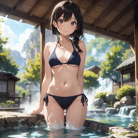 The background is realistic and blurred as if it was taken with a high-performance camera.、I would like a high-quality illustration。A beautiful girl is soaking in a hot spring with a relaxed expression.、The steam rising from the bathtub is beautifully depi...