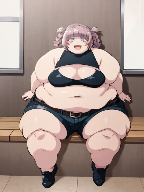 Fat nanakusa nazusa, 1girl, solo, sitting, Fat girl, obese body , big cheeks, looking at the viewer, open mouth, smile, fang, small breasts, blue eyes, pink hair, hair rings, sleeveless turtleneck, chubby belly, fat arms, thick thighs, navel, cleavage cuto...