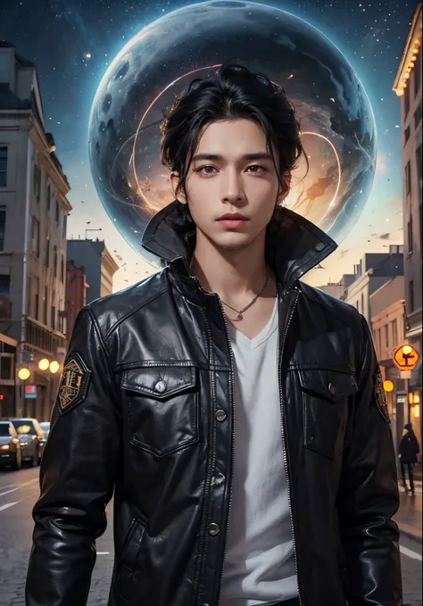 A beautiful man is standing in the middle of a city. A wormhole appears behind him. Black hair. Late twenties. Beautiful double eyes. The bridge of my nose. Well-shaped lips. wearing a jacket. 8K image quality.