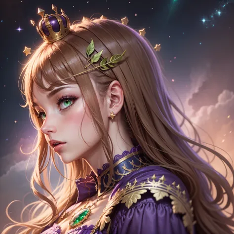 a animation womam, brown hair, green eye, purple dress, a crown, magic princes, stars in background, for profile photos. --auto --s2