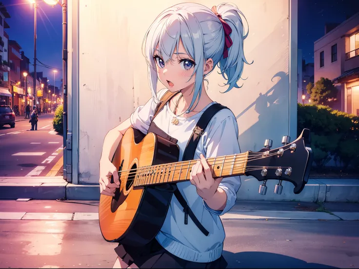 1 cute girl,  girl is street musician , playing guitar, on roadside , open mouth , stand microphone , Amplifier ,close to viewer, full body, character focus,  front viewer,night , ((masterpiece)), ((best quality)), ((ultra-detailed)), (illustration), ((an ...