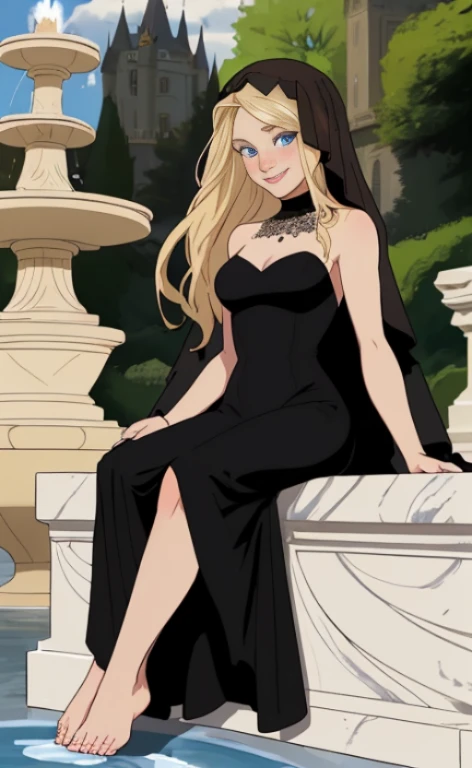 a 24 years old blonde woman wearing a black veil and a black dress, sitting barefoot on a marble stone edge of a fountain in front of a castle, holding her bare feet into it, calm smile, blue eyes, freckles.