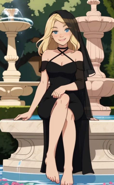 a 24 years old blonde woman wearing a black veil and a black dress, sitting barefoot on a marble stone edge of a fountain in front of a castle, holding her bare feet into it, calm smile, blue eyes, freckles.