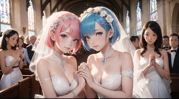 masterpiece, (2girls:1.5), couple, (lookin at each other:1.5), (ram (re:zero), pink hair, hair tie), (remrin:1), ramchi, (short hair:1.5), (hair over one eye:1.1), (rem_re_zero, light blue hair, hair tie), (wearing bride dressing:1.4), (the wedding:1.3), b...