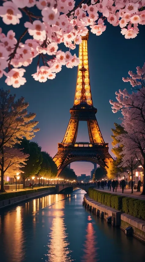 Ultra realistic 8k picture, cherry blossom tree,leaf raining, Eiffel tower between cherry blossom trees, night view