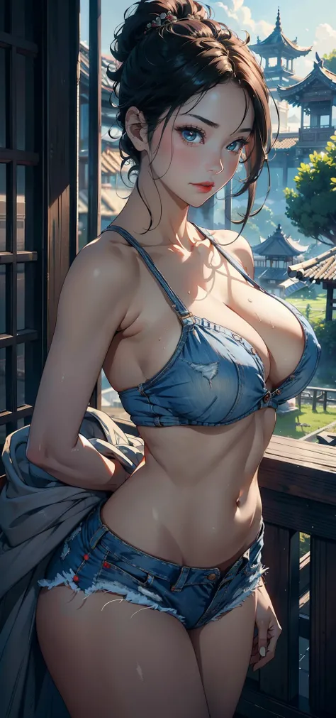 1female，45 yers old，A MILF，熟妇，mature，Married woman is a little fat，The chest is large，Huge cleavage， A sagging breast，独奏，（Background with：ricefield） ，high ponytails，Short hair details，seen from the front， The sky is mostly cloudy，（（（tmasterpiece），（Very det...