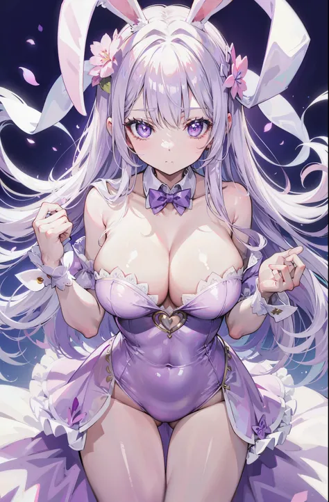 Cute bunny girl，Silvery-white pupils，Pink purple dress，loli face，But enlarge breasts and slim waist，has a good figure