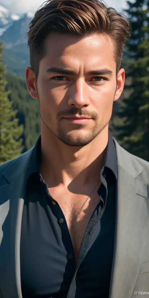 Handsome European guy, in the mountains, photo-realistic, photo, tmasterpiece, realisti, 真实感, photo realism, High contrast, photorealistic digital art. Тренды Artstation 8k HD. Realistic detail in high resolution., Detailed, skin texture, hyper-detalied, r...