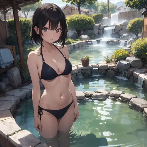 Realistic background blur that looks like it was taken with a high-performance camera.、Please provide high quality illustrations.。A beautiful girl soaking in a hot spring with a relaxed expression.、The steam rising from the bathtub is beautifully depicted....