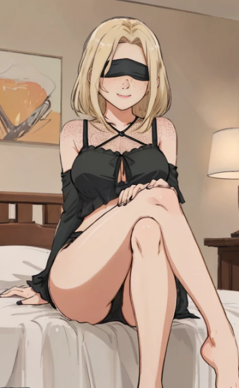 portrait of a 23 years old blonde woman wearing a black sleepmask as a blindfold and a black spaghetti top,  calm smile, freckles, sitting barefoot legs crossed in a bed.