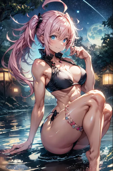 1 girl, (medium boobs))) (((big ass))), (cute smile), (((wearing short bikini))), (long pink hair), (((blue eyes))), (na beach at night with starry sky and full blood moon), (slender), (thin waist), (butt only), legs (thin and muscular), muscular belly, ba...