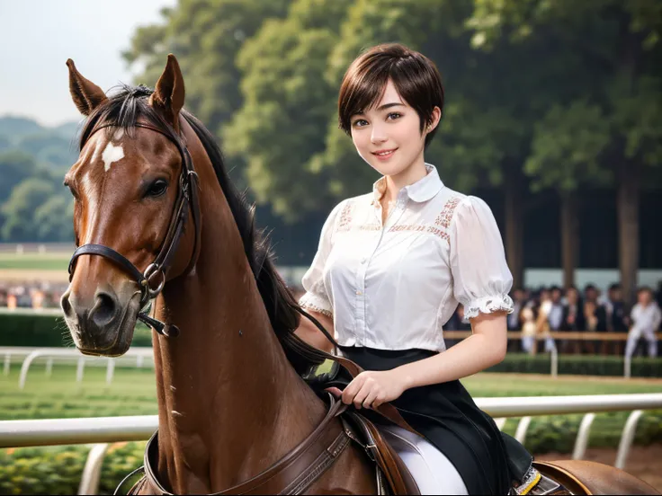 98
(a 20 yo woman,is standing), (A hyper-realistic), (high-level image quality), ((short-hair:1.46)), (Gentle smile), (Keep your mouth shut), (Riding a horse), (ride horse、Horse racing、carriage)