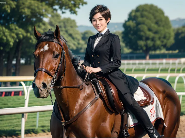 98
(a 20 yo woman,is standing), (A hyper-realistic), (high-level image quality), ((short-hair:1.46)), (Gentle smile), (Keep your mouth shut), (Riding a horse), (ride horse、Horse racing、carriage)