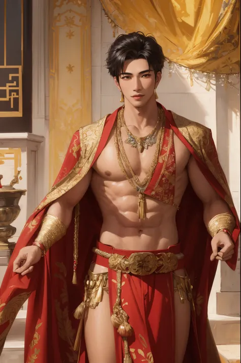 man,Asian Men,Handsome Thai man,A man wears a red loincloth,Red loincloth with Kanok pattern,wearing a gold belt,Wear a gold-colored Sangwan with a ruby pendant.