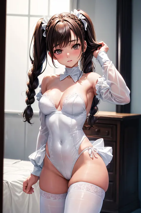 (best quality, high resolution, finely detailed:1.4), 1 girl, Bust, Braids, Butt, Pantyhose, Leotard, Twin Tails, Cowboy Shot, White Choker, White Leotard, White Pantyhose, White Cuffs at the Wrist, School Uniform