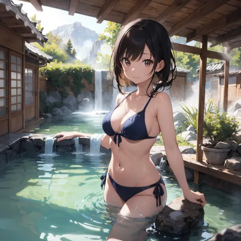 Realistic background blur that looks like it was taken with a high-performance camera.、Please provide high quality illustrations..。A beautiful girl soaking in a hot spring with a relaxed expression.、The steam rising from the bathtub is beautifully depicted...