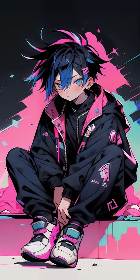 1 boy, (blue) hair, pink black jacket, sit pose, rizz face,