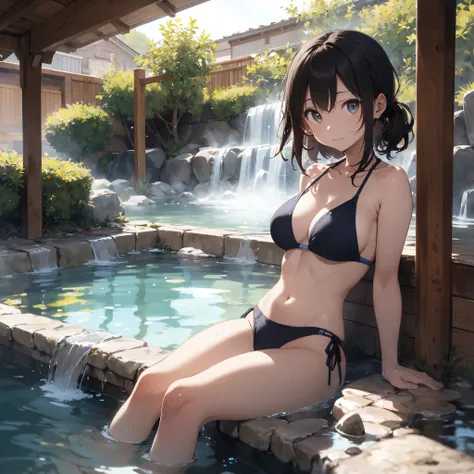 Realistic background blur that looks like it was taken with a high-performance camera.、Please provide high quality illustrations..。A beautiful girl soaking in a hot spring with a relaxed expression.、The steam rising from the bathtub is beautifully depicted...