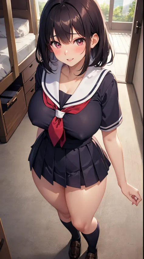 1girl in, Parted lips, blush, makeup, lightsmile, School uniform, Full body, Wide Angle, From  above, crass room, llight rays, Glow, thighs thighs thighs thighs, 鎖骨, Narrow waist, (masutepiece), Wallpaper,Breast bulge、Dark hair color、Sheer