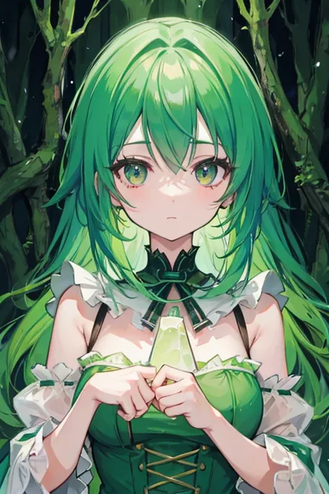 A forest is overlaying a green haired woman.