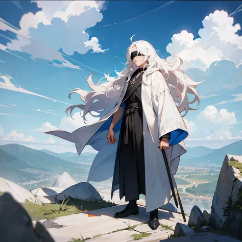 Vibrant Blue Eyes , Messy Wavy White Hair , White Blindfold , black robes , standing on mountain , sunny background , cloudy sky , white blindfold , 1male , adult male , old male , Lean Muscular Build