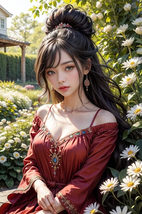 the number, （（Doubleexposure））Wearing a bright red dress，Bring out her fair complexion, Standing gracefully in front of a flowery garden, bathed in the warm glow of the sun. The garden was full of colorful flowers, Including roses, tulips, and daisies, Cre...