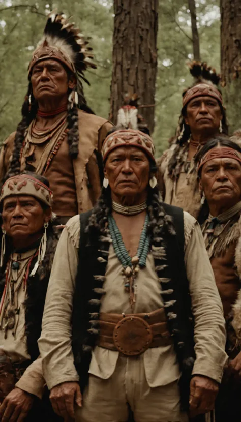 a group of Navajos gathered in the woods, formal, neat facial anatomy, main scene of the film, by Joseph Severn, symmetrical artwork. cinematic, Ancient America, film characters, official art, character reveal, film promo, ( (theatrical) ), seven, characte...