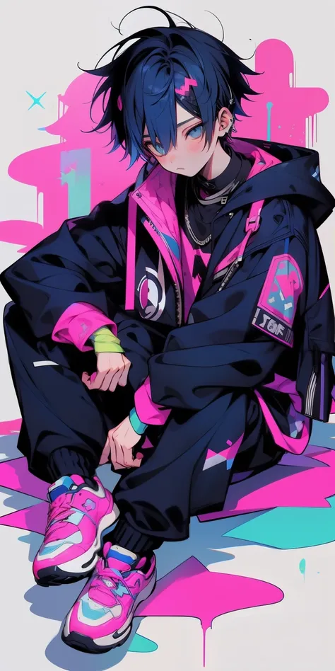 1 boy, (blue) hair, pink black jacket, sit pose, rizz face,