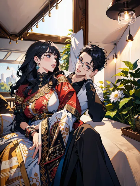 (masterpiece),(best quality:1.0), (ultra highres:1.0), detailed illustration, 8k, anime couple, Genshin Impact, girl on left, beautiful girl, intricate details, black eyes, detailed eyes, black hair, detailed hair detailed, highlights on hair, smile, boy o...