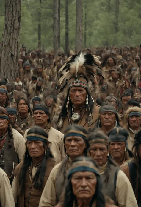 thousands of Navajos gathered in the woods, official, neat facial anatomy, main scene of the film, by Joseph Severn, symmetrical artwork. cinematic, Ancient America, film characters, official art, character reveal, film promo, ( (theatrical) ), seven, char...