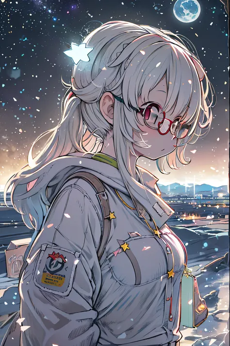 Anime girl wearing white glass , Stand on the land,Night view ,Lots of stars in the night sky,milkyway ,Anime style, 32K UHD, Beautiful, Color Cartoon - AR 3:4 --、eye glasses