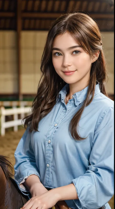 99
(a 20 yo woman,is standing), (A hyper-realistic), (high-level image quality), ((beautiful hairstyle 46)), (Gentle smile), (Keep your mouth shut), (Riding a horse), (ride horse、horse racing、Equestrian competitions)