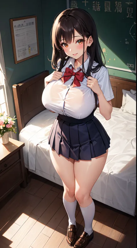 1girl in, Parted lips, blush, makeup, lightsmile, School uniform, Full body, Wide Angle, From  above, crass room, llight rays, Glow, thighs thighs thighs thighs, 鎖骨, Narrow waist, (masutepiece), Wallpaper,Breast bulge、Dark hair color、Sheer