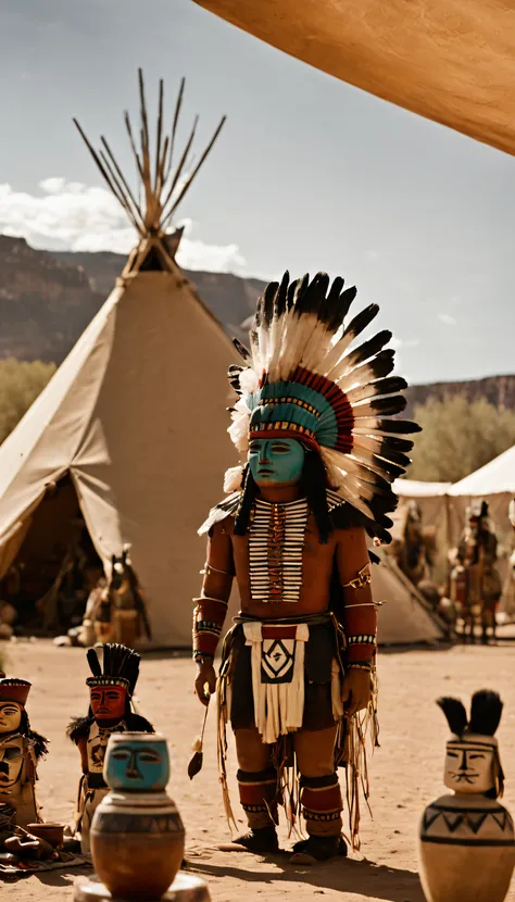 several kachina dolls and pottery in front of the tent, the main scene of the film, by Joseph Severn, symmetrical artwork. cinematic, colonial, film characters, official art, character reveal, film promo, ( (theatre) ), seven, character portraits, alexande...