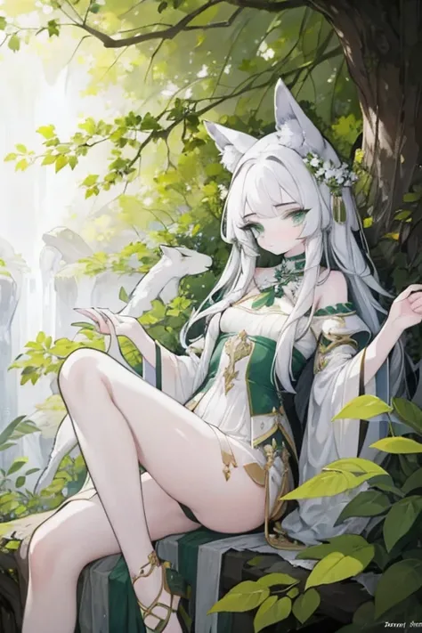 a white haired goddess with green eyes and white wolf ears is sitting on a branch outside.