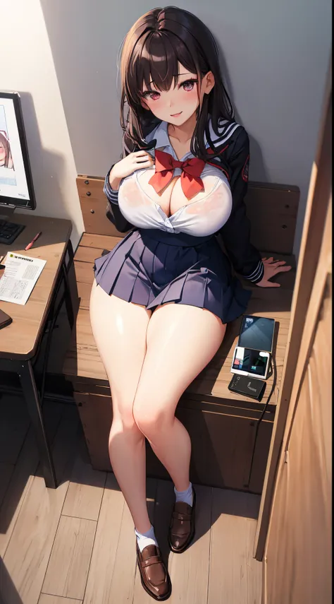 1girl in, Parted lips, blush, makeup, lightsmile, School uniform, Full body, Wide Angle, From  above, crass room, llight rays, Glow, thighs thighs thighs thighs, 鎖骨, Narrow waist, (masutepiece), Wallpaper,Breast bulge、Dark hair color、Sheer