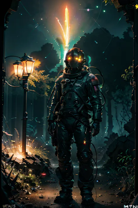 Ultra detailed illustration of an astronaut lost in a magical world of wonders, glowy, bioluminescent plants, incredibly detailed, bright colors, handpainted strokes, visible strokes, oil paint, art by Mschiffer, night, bioluminescence