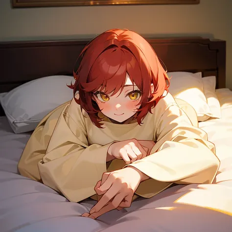 masterpiece, beautiful, high quality, anime girl, short red hair, yellow eyes, blushing, smiling, laying on bed, top view