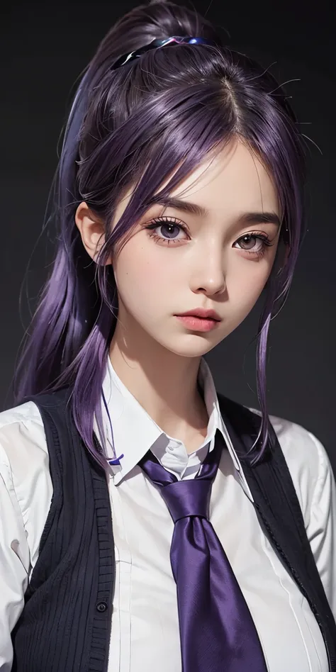 1girl,huge breast, purple hair, ponytail, school uniform, high quality, ultra detailed, masterpiece, realistic