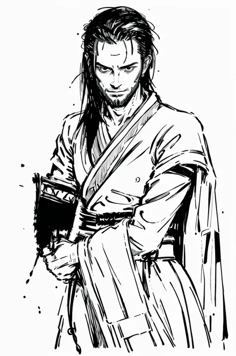 masterpiece, highres, sketch, 1boy, 40 years old, ronin, messy long hair, stubble, glowing white eyes, ink sketch, zydink, monoc...