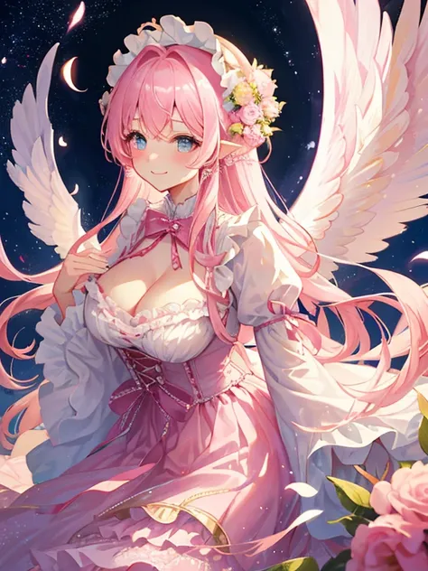 1 woman、爆乳、cleavage of the breast、light pink hair studded with stars、Long Lace Bale、Lolita clothes with lots of frills and ribbons、angel wings encrusted with jewels、A smile