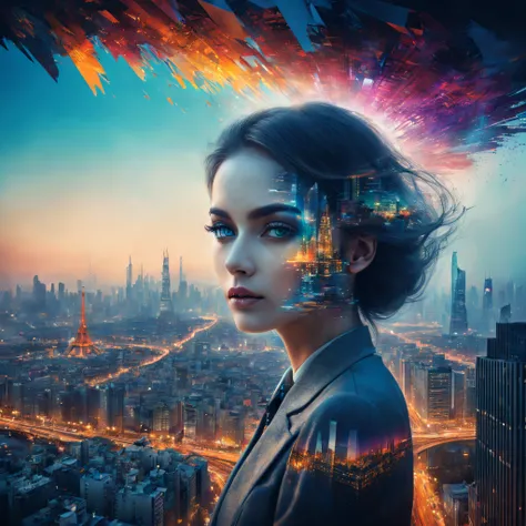 （best qualityer，4k，8k，Tall structures，tmasterpiece：1.2），Doubleexposure，beatiful detailed eyes，City silhouette，view over city，Vibrant colors，stunning art，mesmerizing mixed images，Stylish and sophisticated portrait，surreal atmosphere，Unique artistic composit...