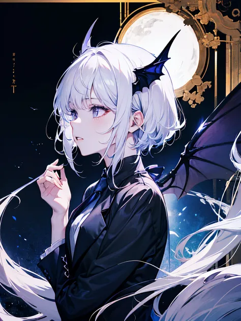 incubus、white  hair、suits、neck tie、Black horned、Black bat wings and tail、Glossy look、Dark fantasy background