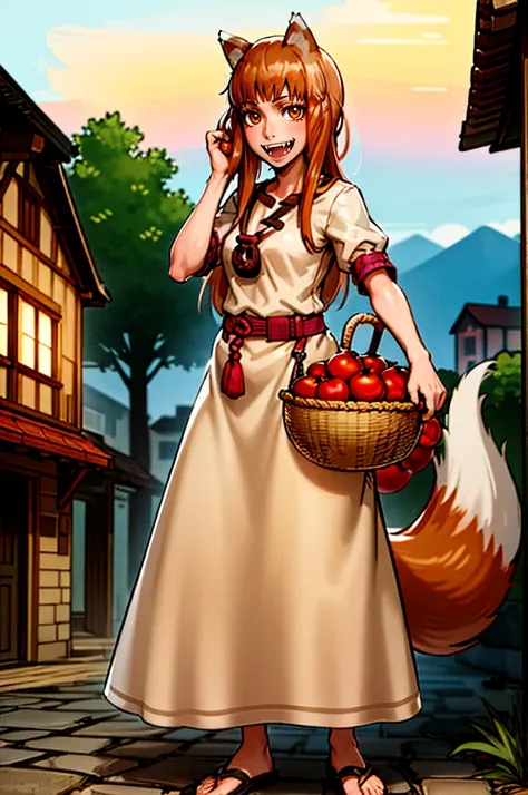 (holo:1.5), (holoBrownDress:1.5), masterpiece, best quality, absurdres, 1girl, looking at viewer, standing, cowboy shot, outdoors, medieval, cobblestone street, town, pouch, sash, smile, fruit, apple, basket,mediumbreast, curvy, silver hair, white hair, fu...