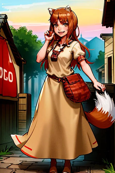 (holo:1.5), (holoBrownDress:1.5), masterpiece, best quality, absurdres, 1girl, looking at viewer, standing, cowboy shot, outdoors, medieval, cobblestone street, town, pouch, sash, smile, fruit, apple, basket,mediumbreast, curvy, silver hair, white hair, fu...